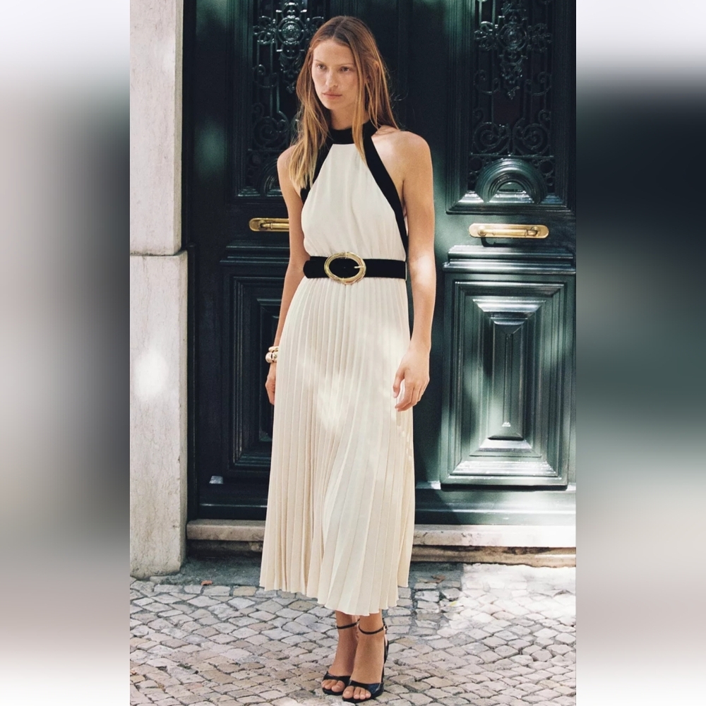 Zara Elegant Cream and Black Backless Dress